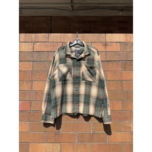 Saints Studio Tan Green Vintage Earth Tone Plaid Flannel Shirt Jacket Shacket